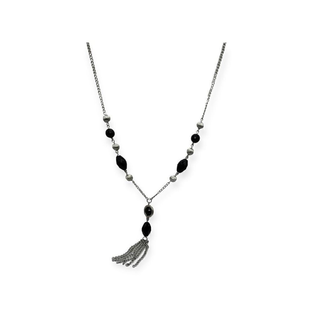 Beaded chain necklace with tassel, silver tone and black beads